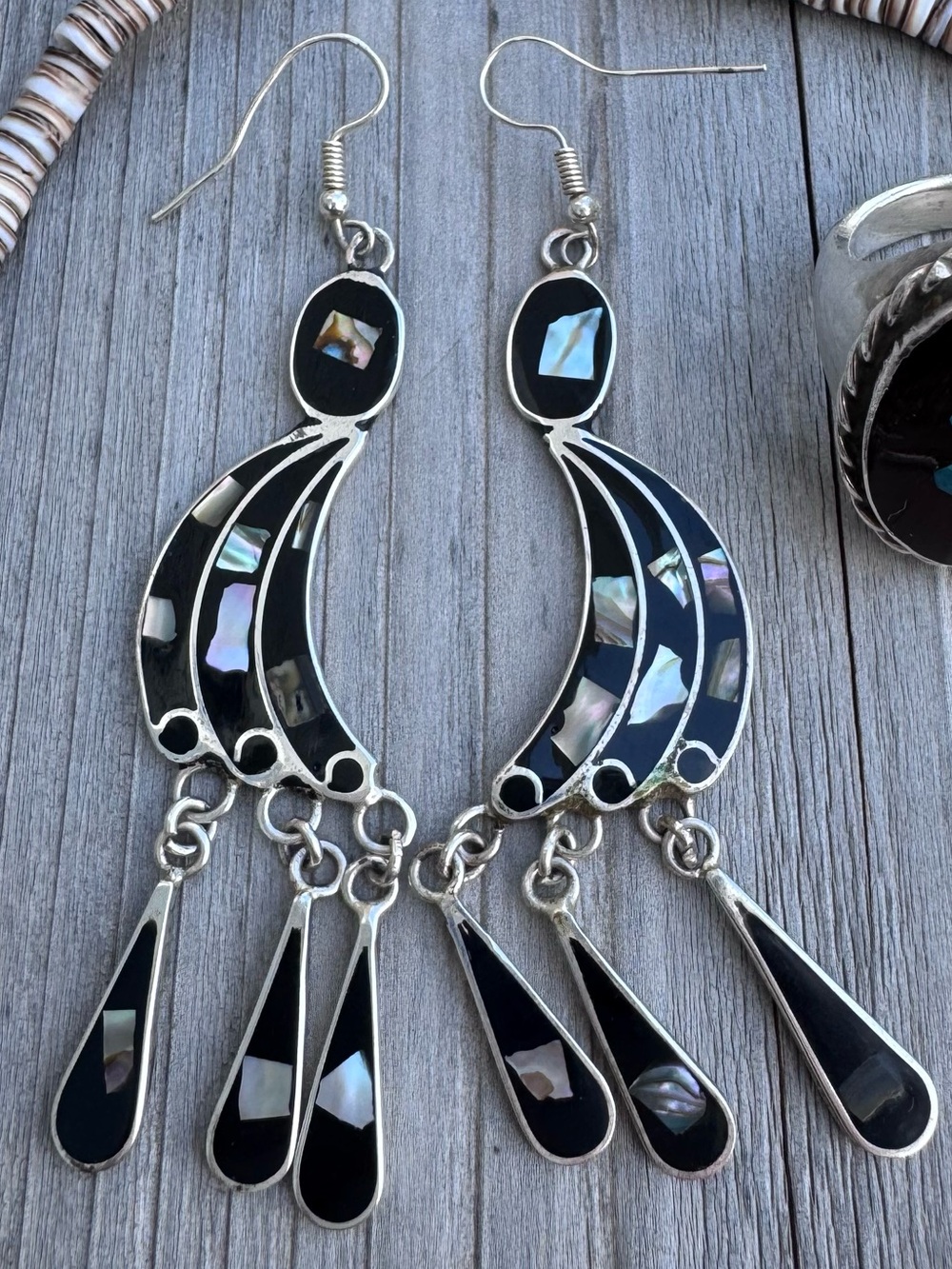 Taxco Sterling Silver Black Inlay Dangle Earrings with Abalone Highlights